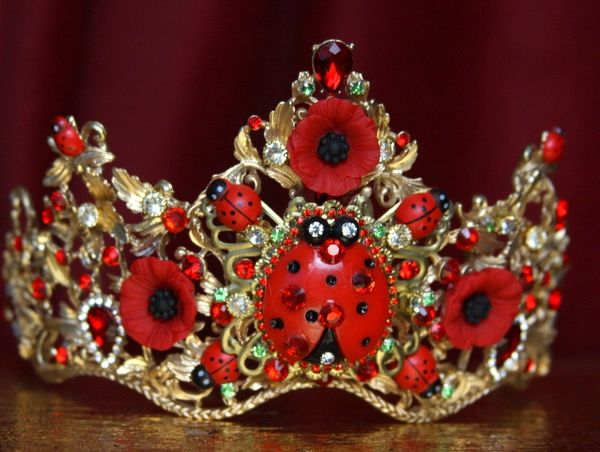 SOLD! 2121 Set Of Baroque Ladybug Red Crystal Tiara Crown+ Earrings