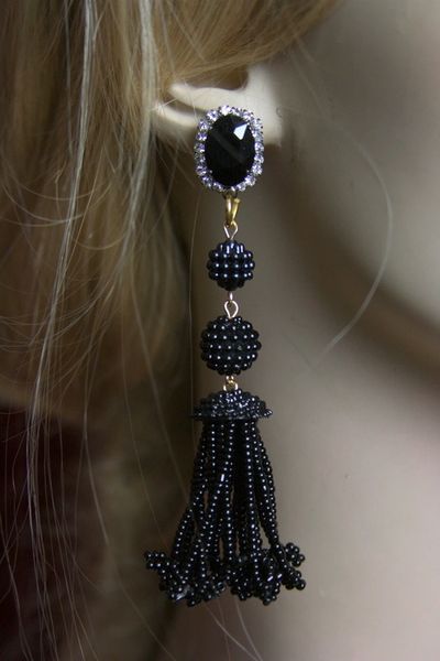 SOLD! 2125 Oscar Black Beaded Crystal Studs Tassel Earrings