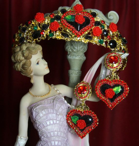 SOLD! 2132 Set Of Black Heart Baroque Red Rose Crown Tiara+ Earrings