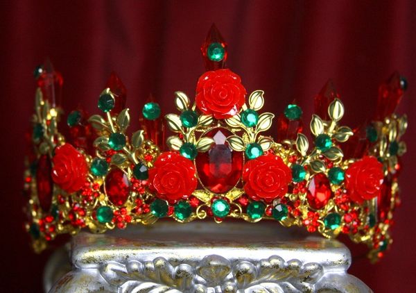 SOLD! 2133 Baroque Red Rose Leaf Green Crystal Tiara Crown
