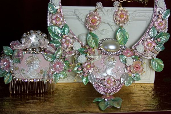 SOLD! 2138 Set Of Victorian Hand Painted Pale Pink Green Necklace+ Earrings