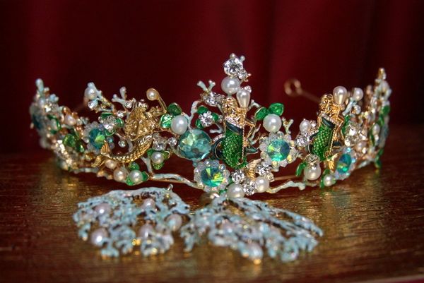 SOLD! 2135 Set Of Mermaids Pearl Hand Painted Stunning Tiara Crown+ Earrings