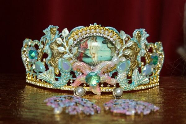 SOLD! 2136 Set Of Earrings+ Birth Of Venus Star Mermaids Hand Painted Tiara Crown