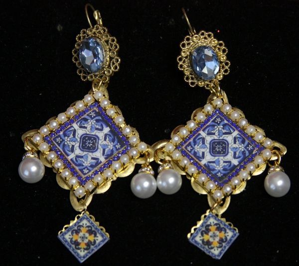 SOLD! 2162 Sicilian Tile Print Pearl Blue Crystal Studs Earrings