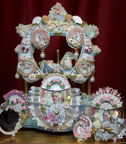 SOLD! 2165 Set Of Hand Painted Massive Marie Antoinette Rose Fan Necklace+ Earrings