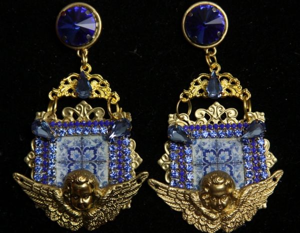 SOLD!2167 Blue Mosaic Cherub Blue Crystal Studs Earrings
