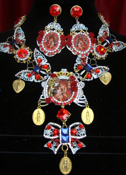 SOLD! 2175 Set Of Virgin Mary Hand Painted Butterfly Coin Necklace+ Earrings