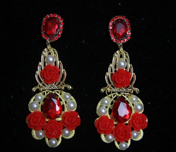 SOLD! 2177 Baroque Red Crystal Rose Pearl Studs