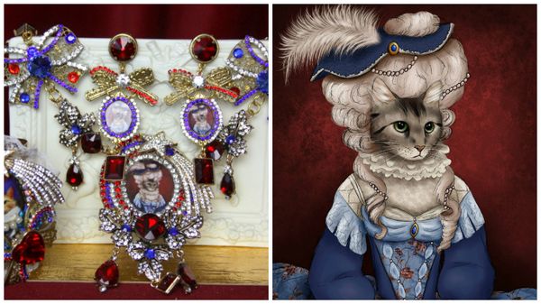 SOLD! 2176 Set Of Victorian Cat Bow Adroable Crystal Necklace+ Earrings