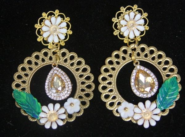 SOLD!2184 Baroque White Flower Leaf Filigree Crystal Studs Earrings