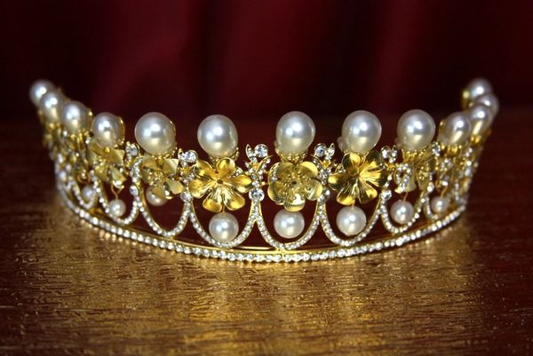 SOLD!2205 Baroque Bridal Pearl Metal Flower Tiara Crown
