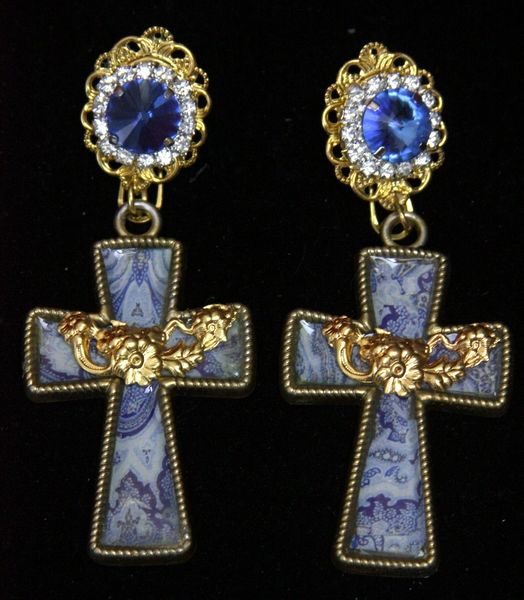 SOLD! 2206 Baroque Sicilian Tile Print Massive Blue Crystal Cross Earrings
