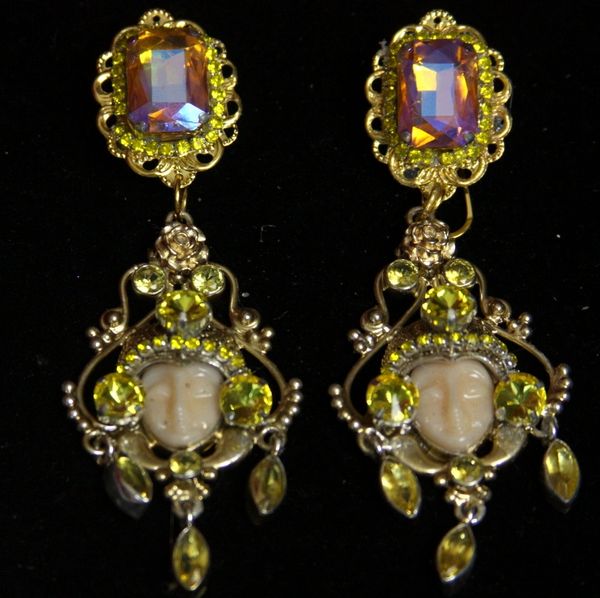 SOLD! 2211 Genuine Carved Jasper Face Cytrine Yellow Crystal Studs