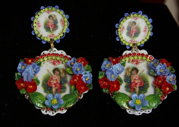 SOLD! 2214 Baroque Hand PAinted Flower Cherub Cupid Studs Earrings