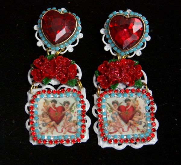 SOLD! 2215 Cupids Caroque Adorable Red Rose Heart Studs Earrings
