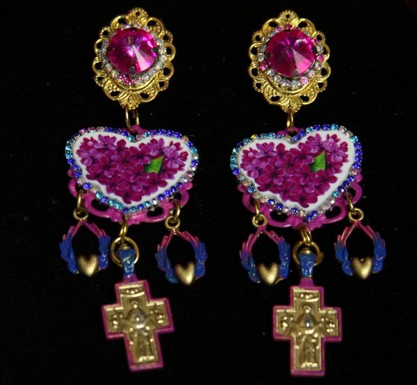 SOLD! 2216 Baroque Fuchsia Cross Heart Earrings