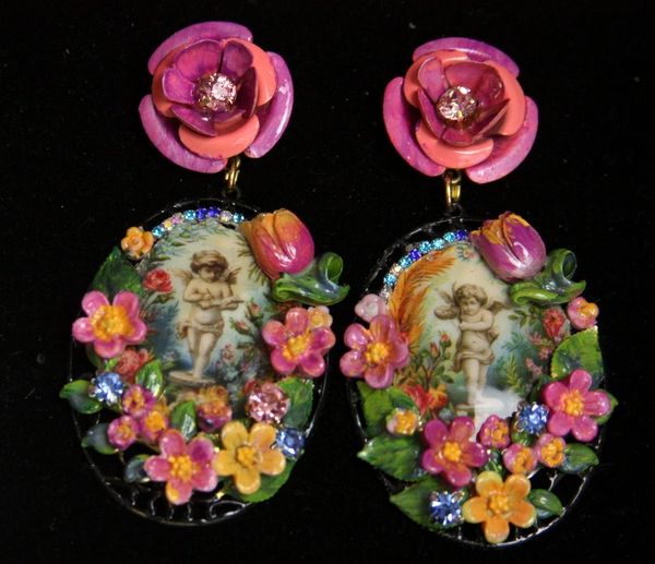 SOLD! 2217 Baroque HAnd Painted Flower Massive Studs Earrings