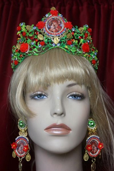 SOLD! 2224 Set Of Hand Painted Virgin Mary Coin Tiara + Earrings
