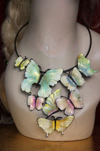 SOLD! 2226 Hand Painted Pale Colorful Enamel Butterfly Necklace