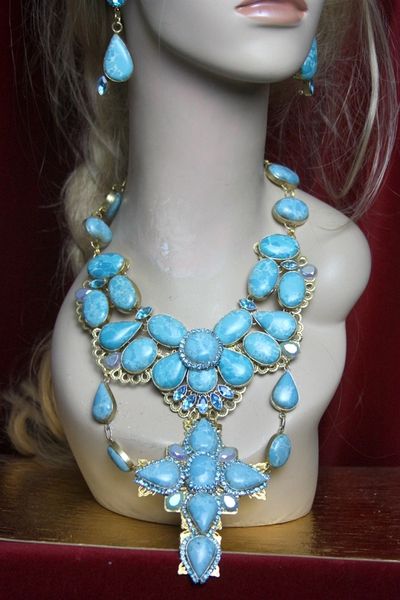SOLD! 2243 Set Of Genuine Caribbean Larimar Huge cross Crystal Necklace+ Earrings