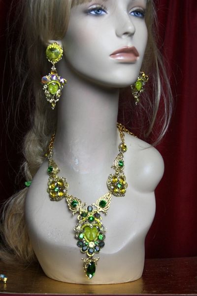 SOLD! 2187 Set Of Carved Genuine Jasper Face+ Citrine Green Crystal Necklace+ Earrings