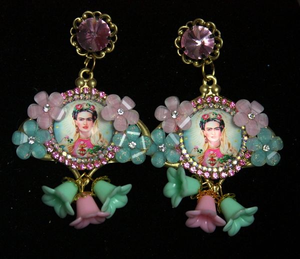 SOLD! 2255 Frida Kahlo Cameo Aqua Pink Flower Studs Earrings