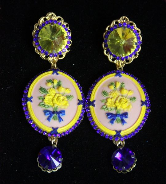 2266 Hand Painted Yellow Flower Camep Blue Crystal Studs Earrinhs