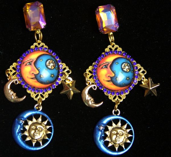 SOLD! 2270 Stunning Bright Star Moon Sun Cameo Earrings