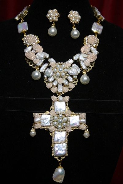 SOLD! 2273 Baroque Biwa Pearl Huge Cross Necklace+ Earrings Set