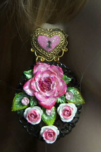 SOLD! 2281 Baroque Hand Painted Pink Rose Heart Studs
