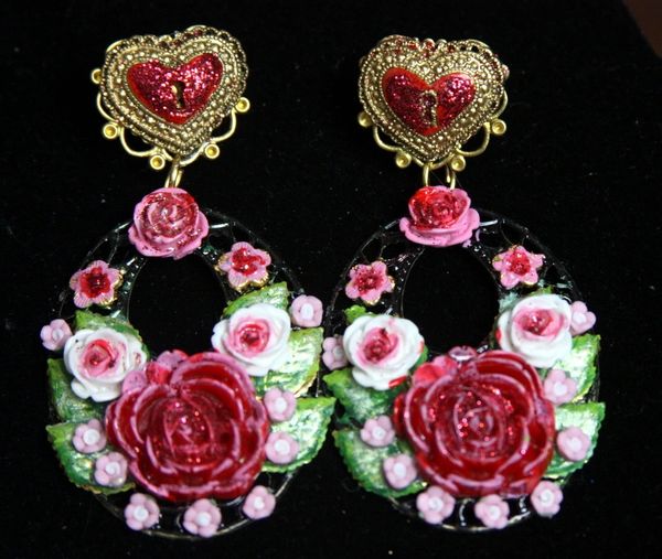 SOLD! 2283 Baroque Hand Painted Rose Heart Studs Earrings