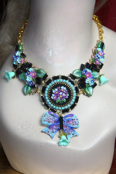 SOLD! 2284 Set Of Baroque Embroidery Hand Painted Flower Black Crystal Necklace+ Clips
