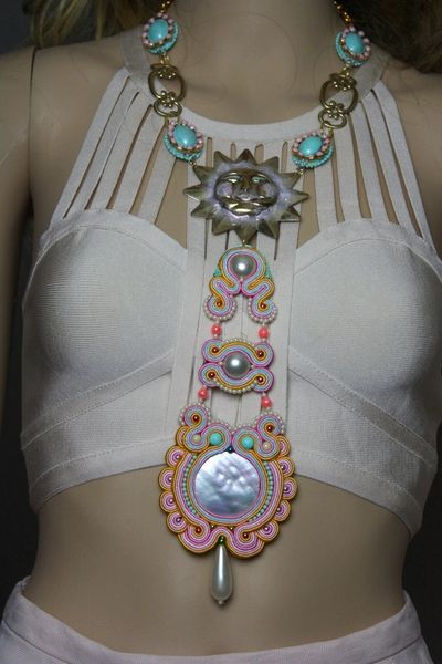 SOLD! 2290 Soutache Pearl Sun Hand Painted Massive Long Necklace