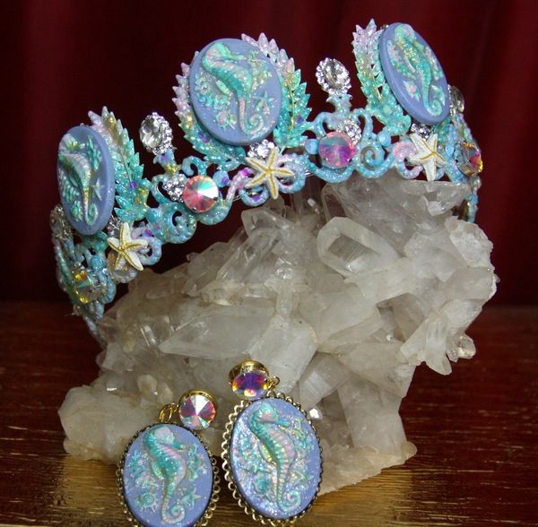 SOLD! 2291 Set Of Hand Painted Seahorse Crystal Crown Tiara +Earrings