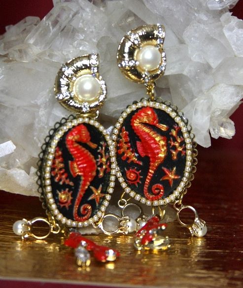 SOLD! 2290 Hand Painted Seahorse Coral Pearl Studs Earrings