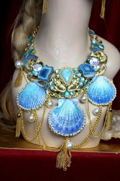 SOLD! 2304 Stunning Genuine Larimar Agate Mermaids Hand Painted Shell HUGE Necklace+ Earrings
