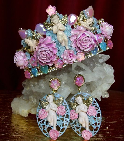 SOLD! 2310 Set Of Baroque Hand Painted Roses Beaded Cherubs Tiara+ Earrings