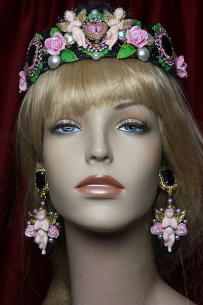SOLD! 2301 Set Of Baroque Hand Painted Cherubs Roses Heart Lace Glitter Headband Tiara+ Earrings