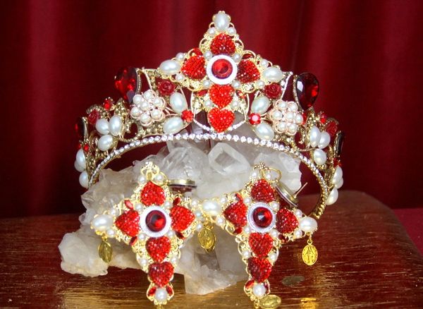 2316 Baroque Red Crystal Pearl Cross Crown Tiara