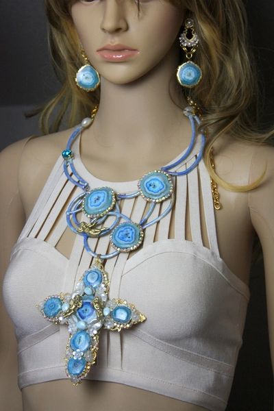 SOLD! 2317 Genuine Solar Quartz Pearl Cehrubs on Clouds HUGE Cross Statement Necklace+ Earrings