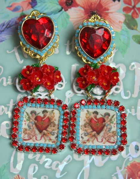 SOLD! 2344 Hand Painted Red Rose Cherubs Red Crystal Heart Studs