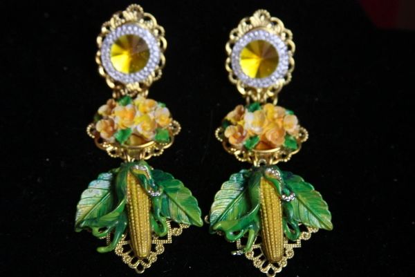 SOLD! 2349 Baroque Hand Painted Corn Yellow Crystal Earrings