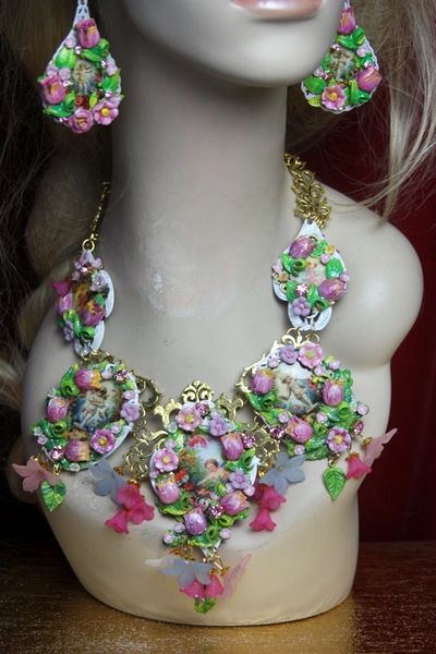 SOLD! 2350 Set Of Hand Painted Flower Cherub's Garden Stunning Necklace+ Earrings