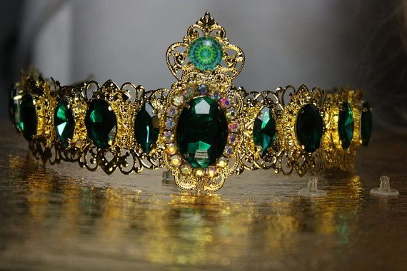 SOLD! Runway Designer Inspired Baroque Green Rhinestone Metal Crown Tiara