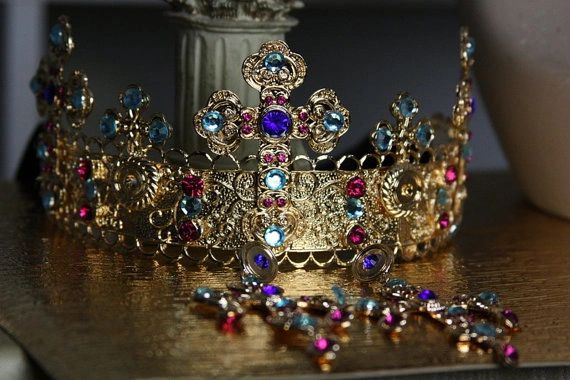 SOLD! 305 SET Baroque Red Rhinestone Gold Filigree Cross Crown Headband Tiara