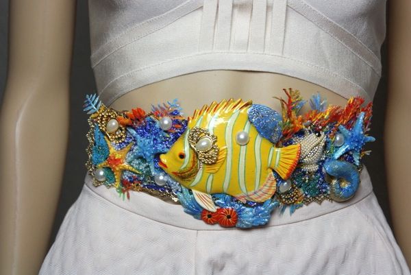 SOLD! 2385 Nautical Huge Tropical Yellow Fish Coral Embellished Waist Belt