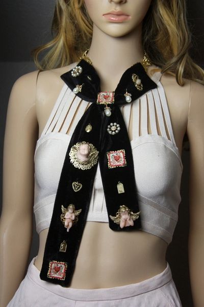 SOLD! 2390 Baroque Huge Velvet Bow Embellished Cherubs Necklace