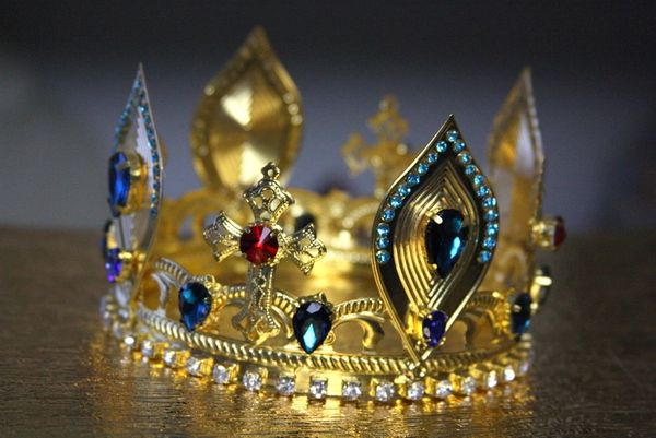 309 SET Unisex Baroque Red Rhinestone Gold Aluminum Rhionestone Royal Full Crown