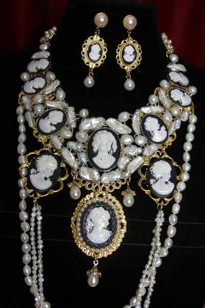 SOLD! 2396 Genuine Biwa Baroque Pearl Cameo Huge Necklace Set