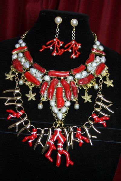 SOLD! 2397 Huge Genuine Coral Baroque Pearl Biwa Necklace Set